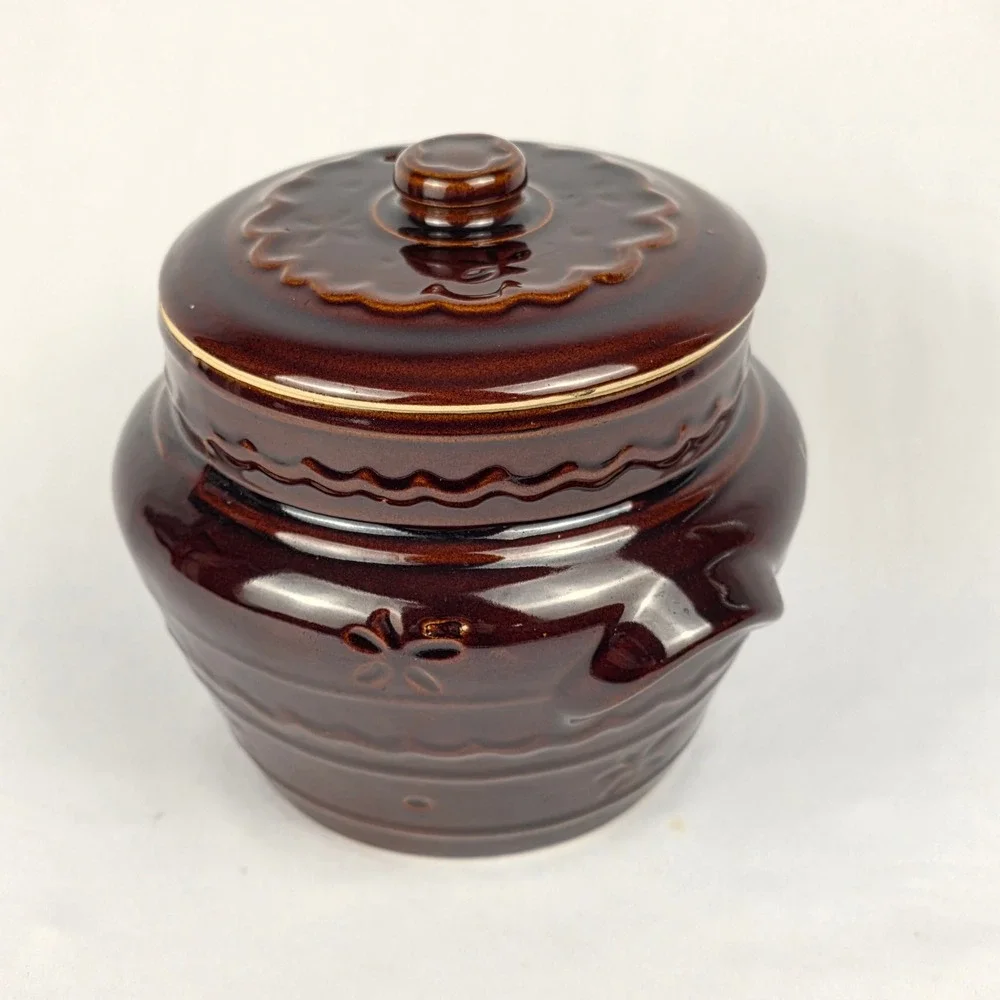 MAR CREST Vtg Crock Pot Oven Proof Stoneware‎ with Lid Brown 2 Handles Bean Pot